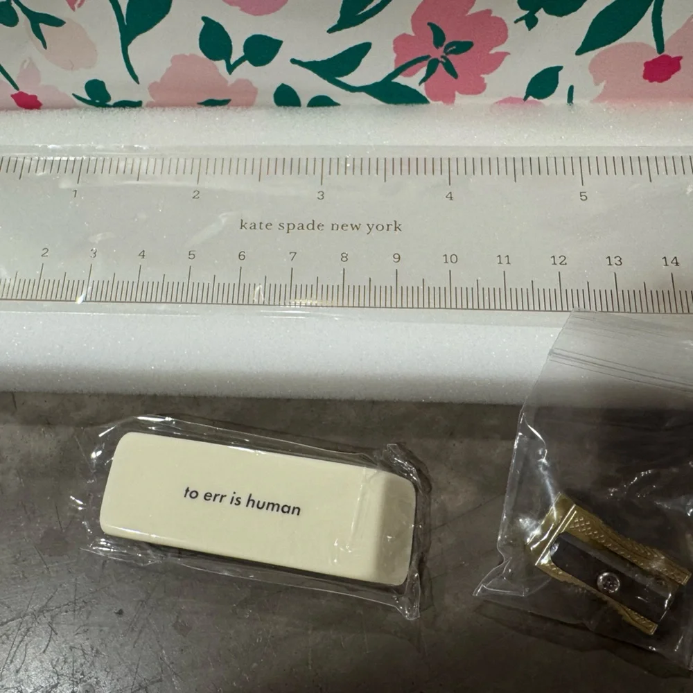 Kate Spade Pink & Green Floral pencil pouch, includes ruler Eraser, & sharpener.
